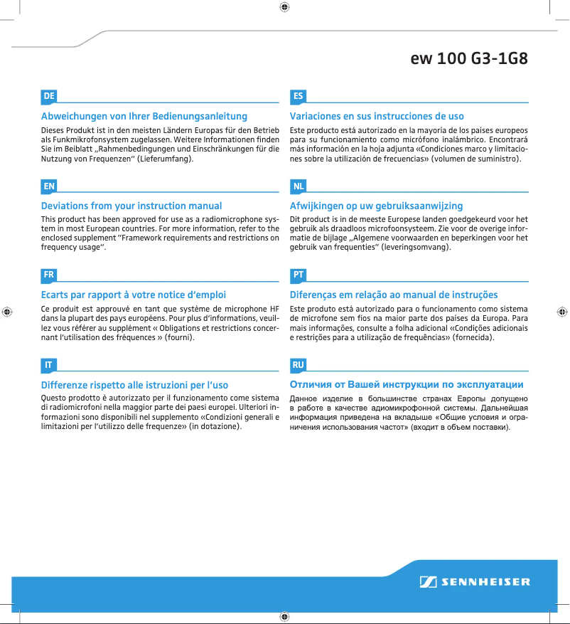 Page 1 de la notice Manuel utilisateur Sennheiser EW 100-945 G3-1G8