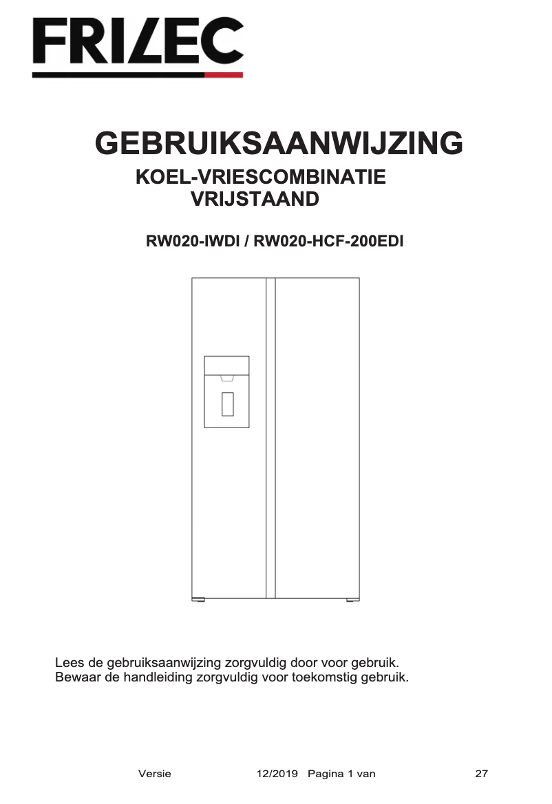 Page 1 de la notice Manuel utilisateur Frilec RW020-HCF-200EDI