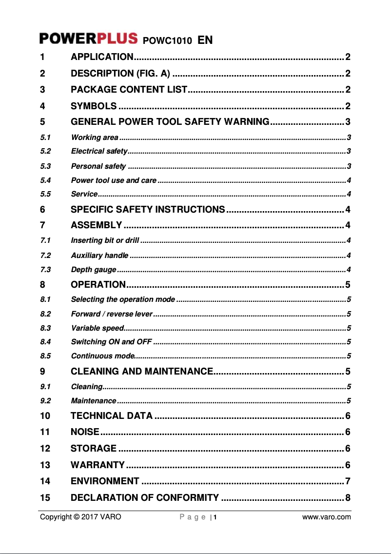 Page n°1 - Manuel utilisateur PowerPlus POWC1010