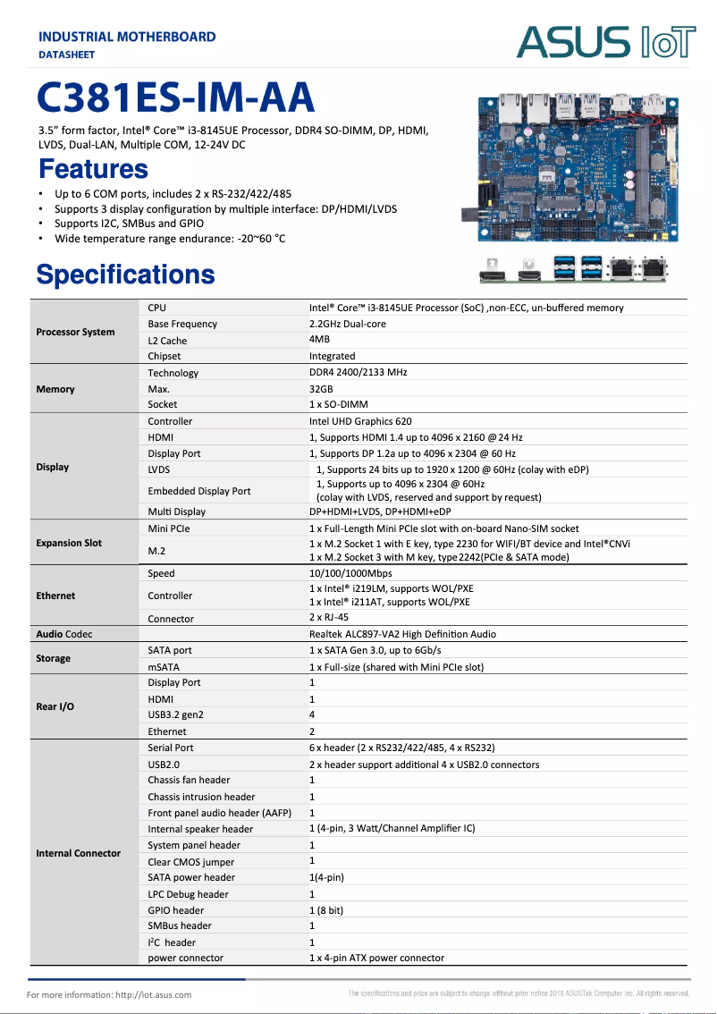 Page 1 de la notice Fiche technique Asus C381ES-IM-AA