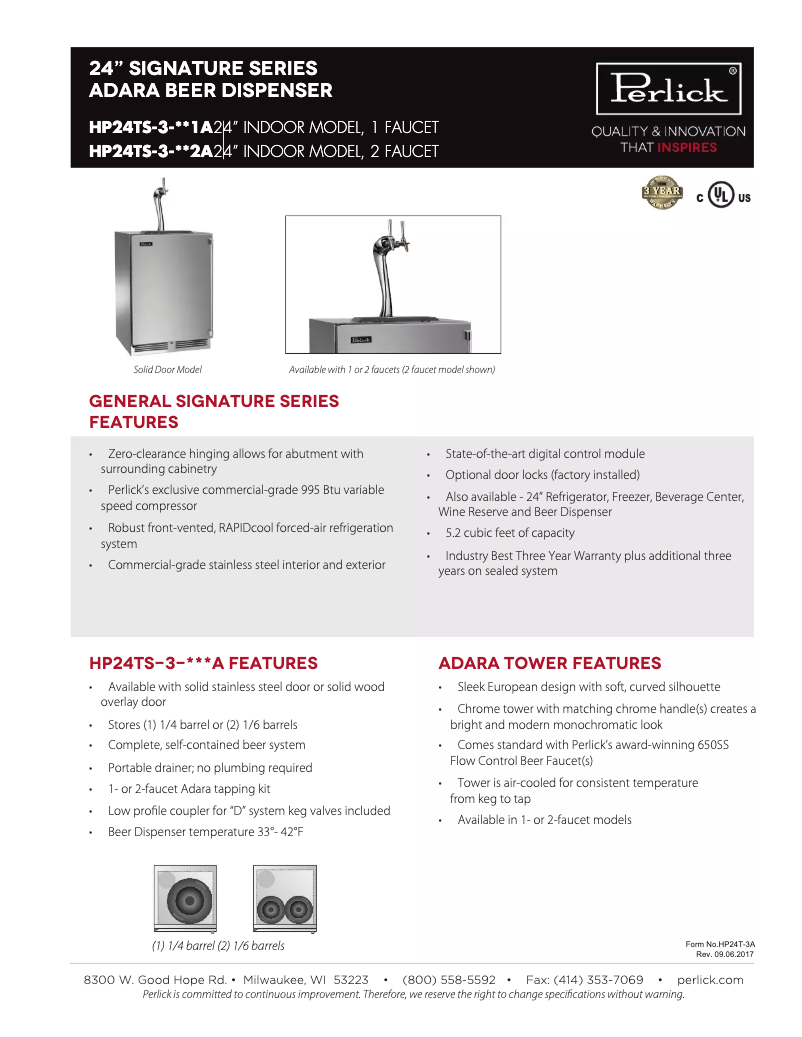 Página 1 del manual Ficha técnica Perlick HP24TS-3-1L-2A