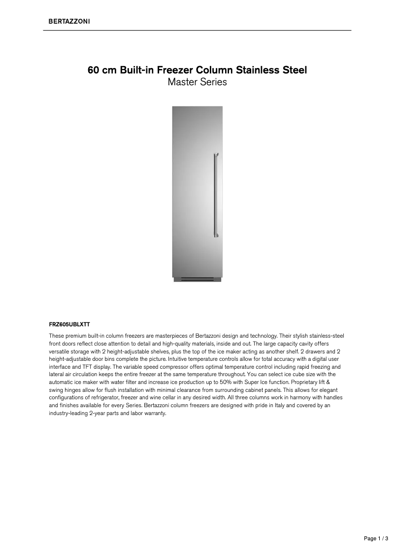 Page 1 de la notice Fiche technique Bertazzoni FRZ605UBLXTT