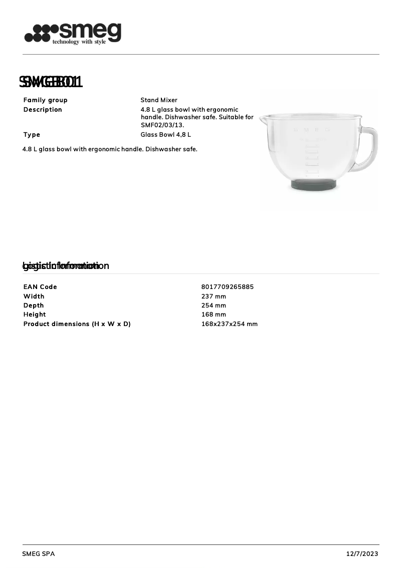 Page 1 de la notice Fiche technique Smeg SMGB01