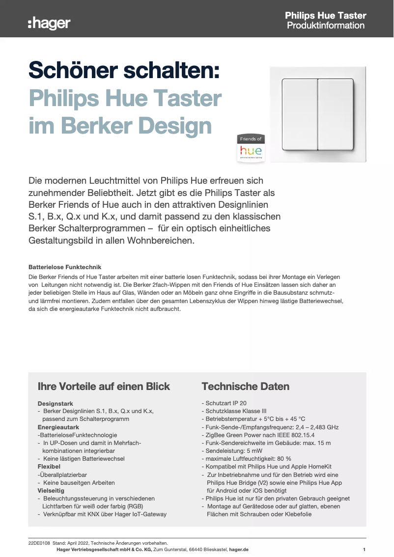 Page n°1 - Fiche technique Berker 24127034