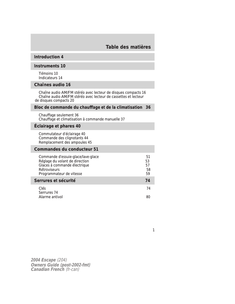 Page 1 de la notice Manuel utilisateur Ford Escape (2004)