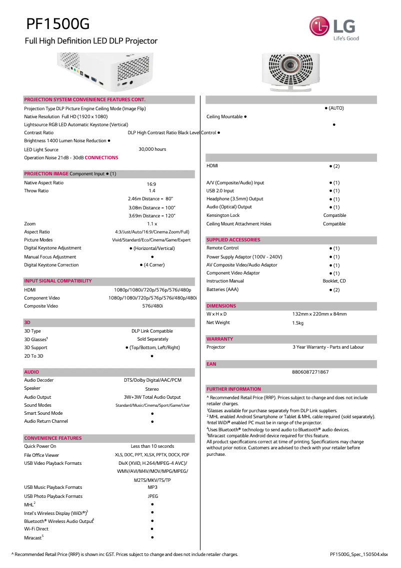 Page 1 de la notice Fiche technique LG Minibeam Pro PF1500G