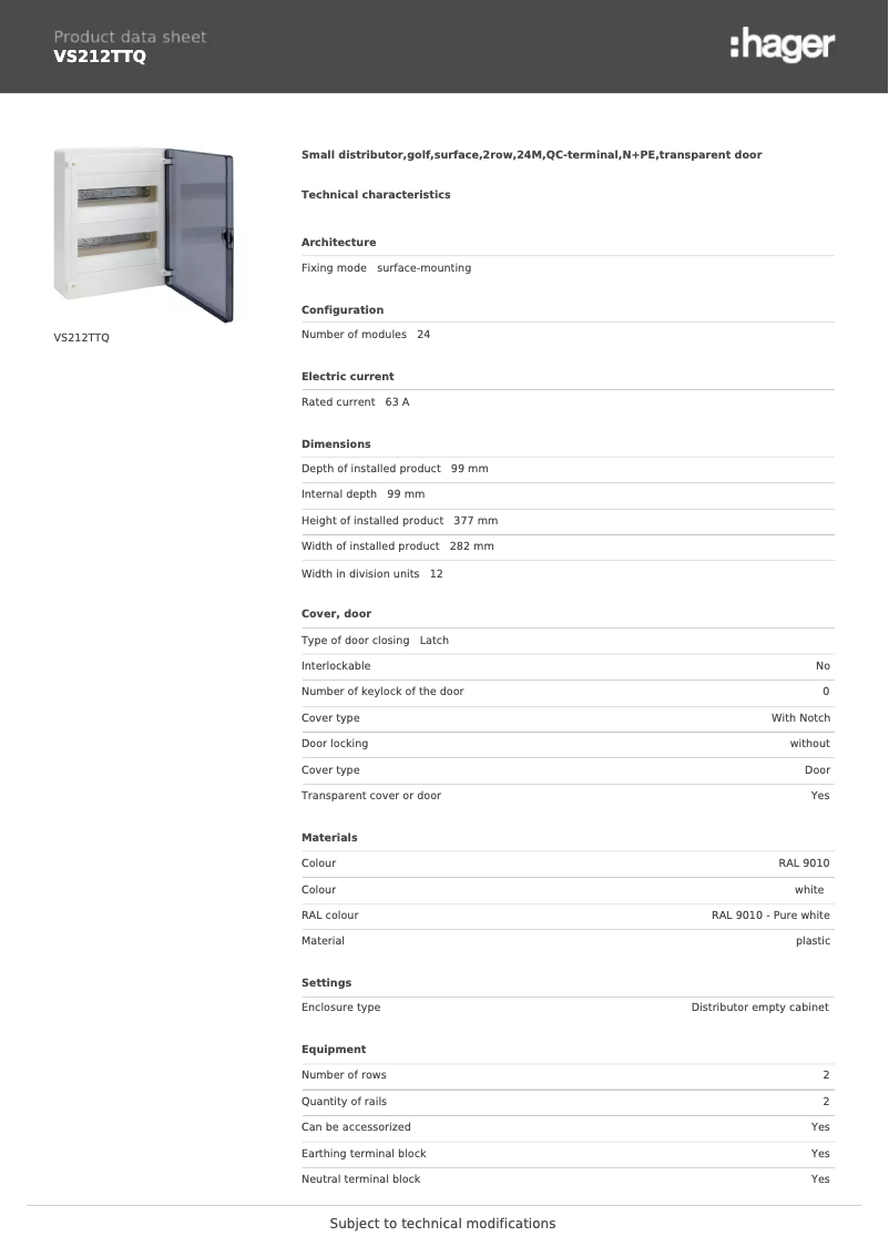 Page n°1 - Fiche technique Hager VS212TTQ