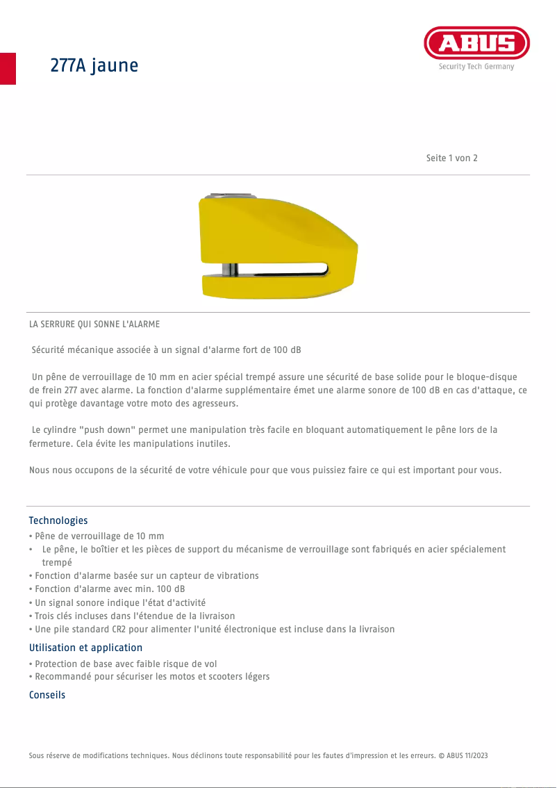 Page 1 de la notice Fiche technique Abus 277A