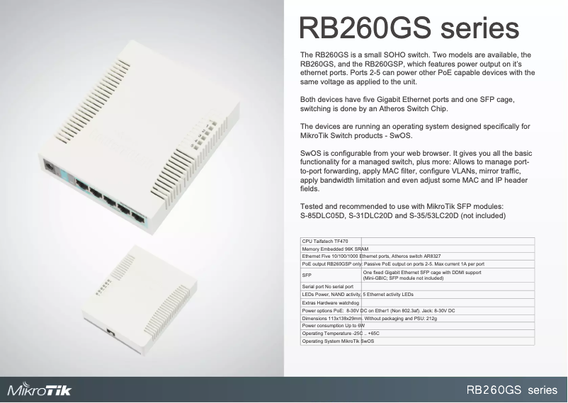 First page image of the manual for RB260GS