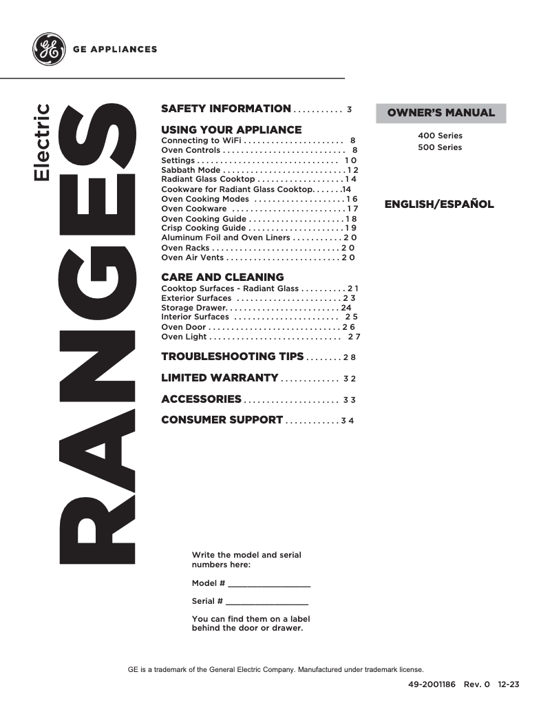 Page n°1 - Manuel d'utilisation et d'entretien GE GRF500PVBB