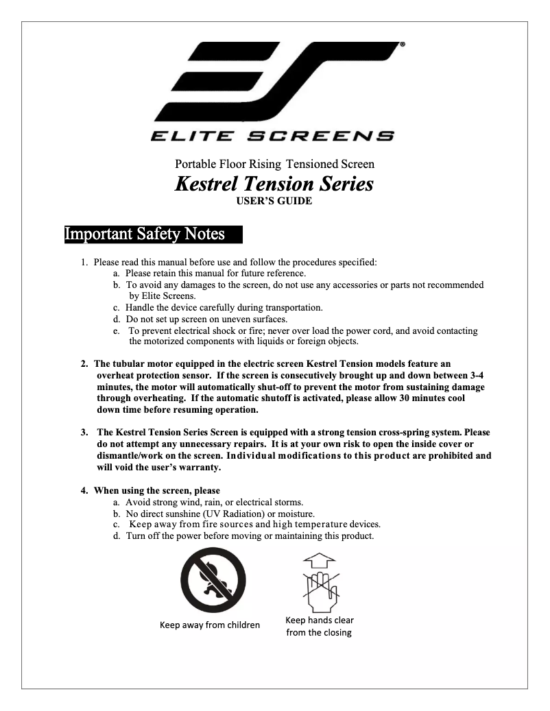 Page n°1 - Manuel utilisateur Elite Screens KestrelTension FTE85C