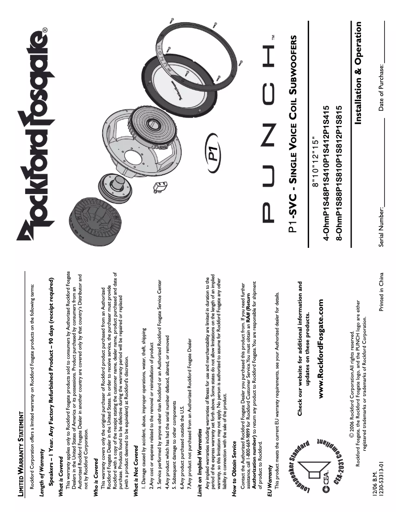 Page n°1 - Manuel utilisateur Rockford Fosgate Punch P1S8-10