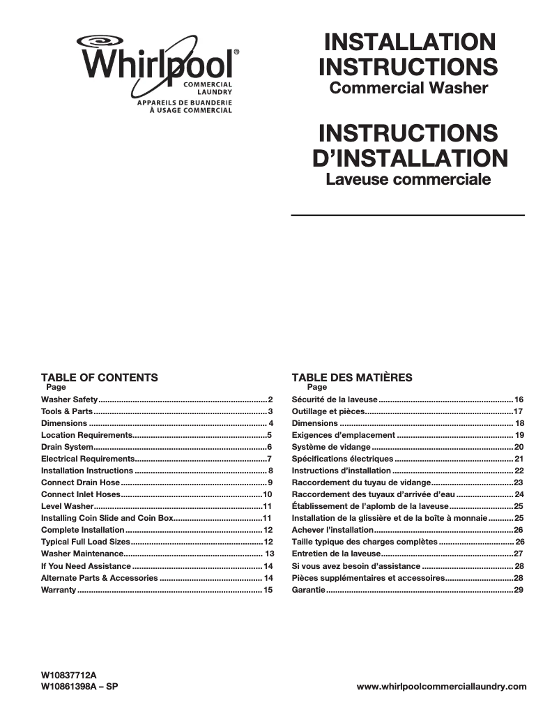 Page n°1 - Guide d'installation Whirlpool CAE2795FQ