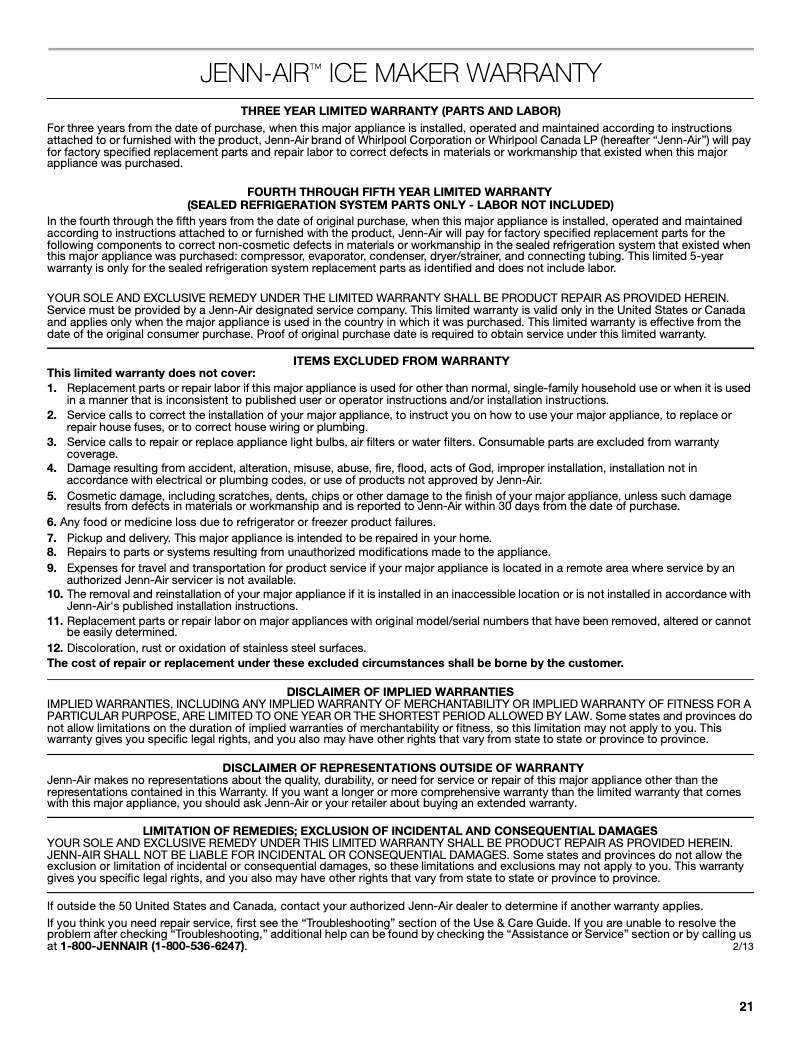 Page n°1 - Informations de garantie JennAir JIM158XYCX