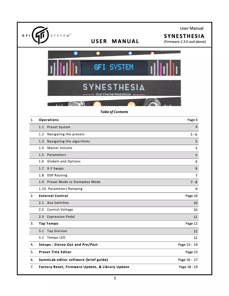Page n°1 - Manuel utilisateur GFI System Synesthesia