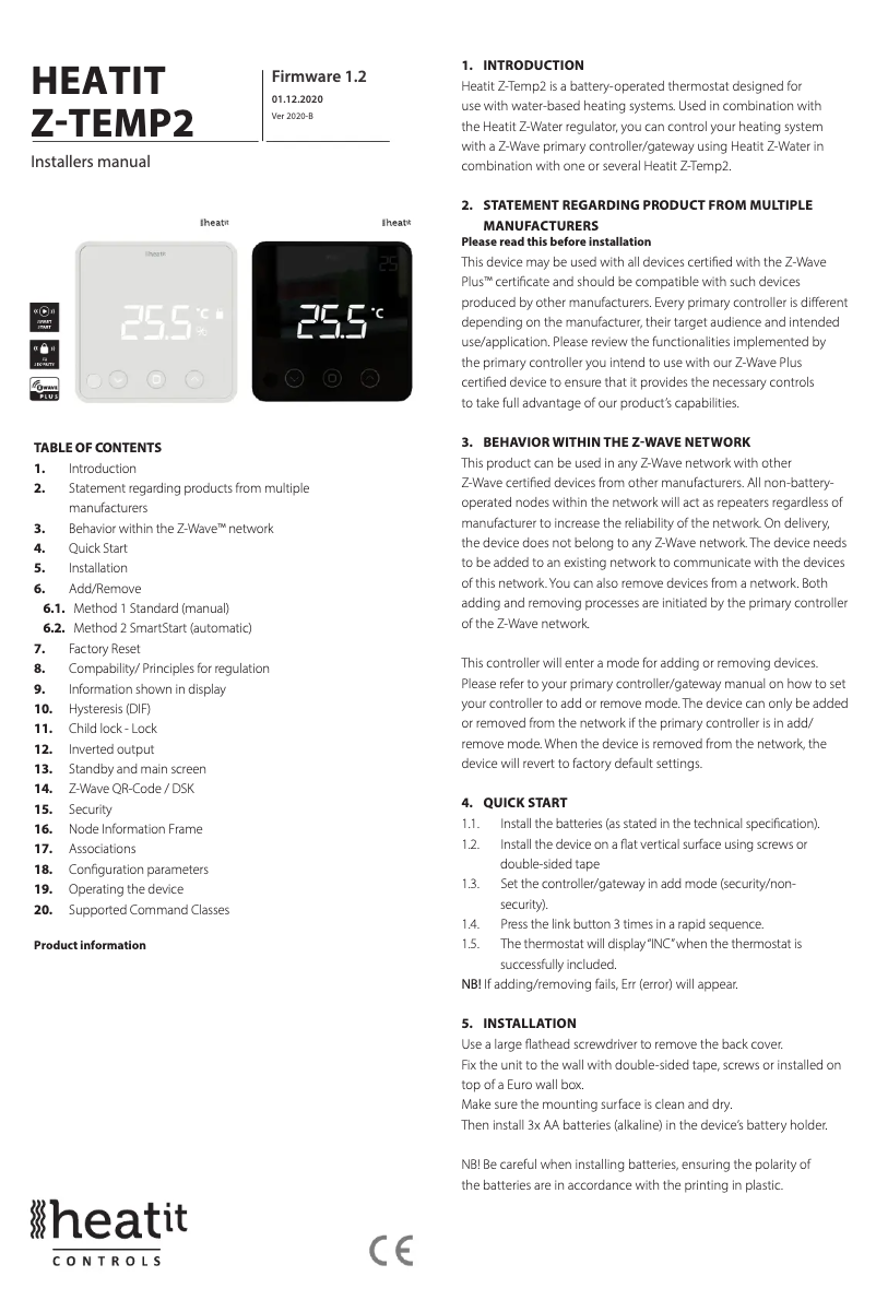 Page n°1 - Manuel utilisateur Heatit Z-Temp2