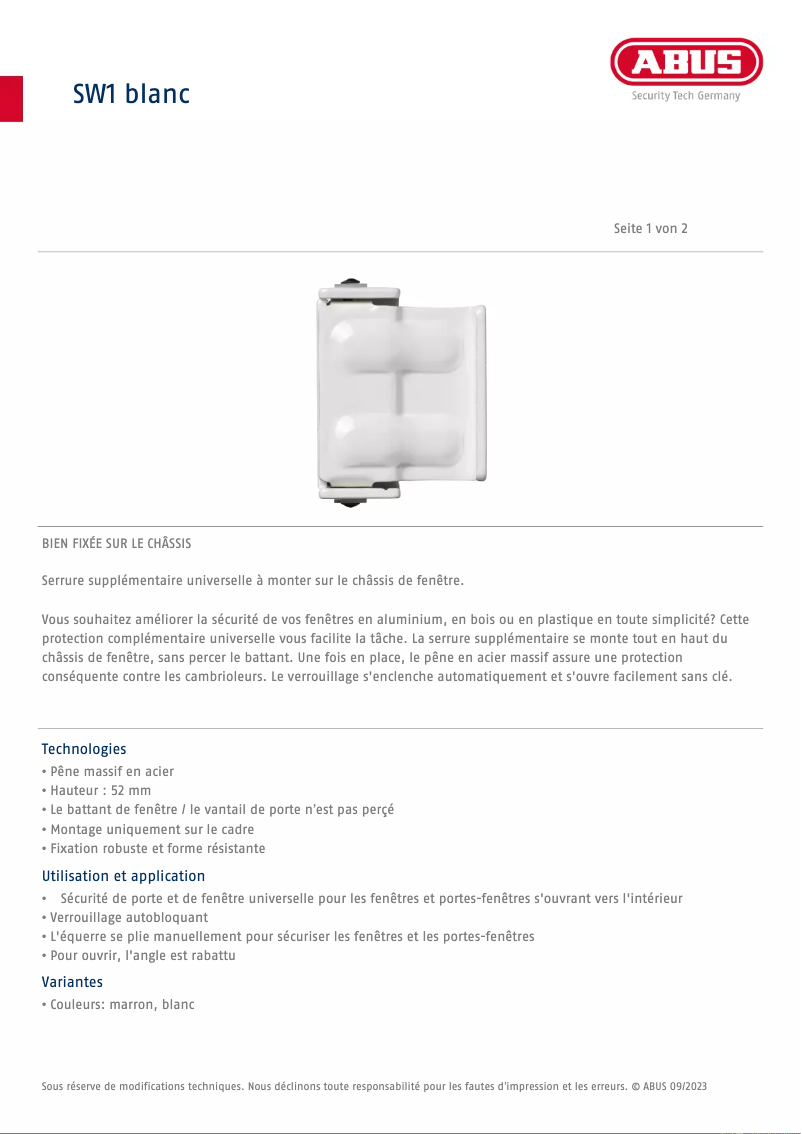 Page 1 de la notice Fiche technique Abus SW1