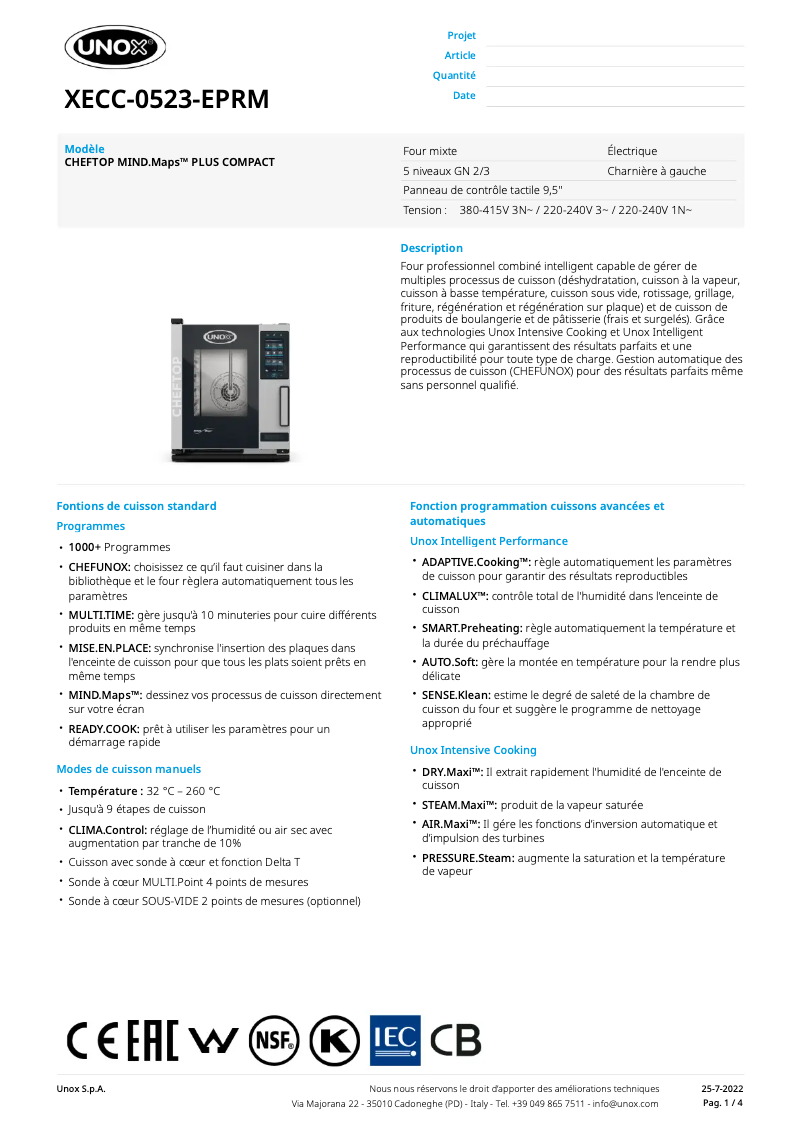 Página 1 del manual Ficha técnica Unox CHEFTOP MIND.Maps PLUS COMPACT