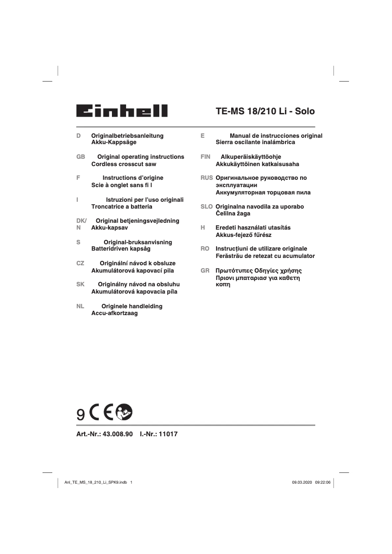 Page 1 de la notice Manuel utilisateur Einhell TE-MS 18/210 Li-Solo