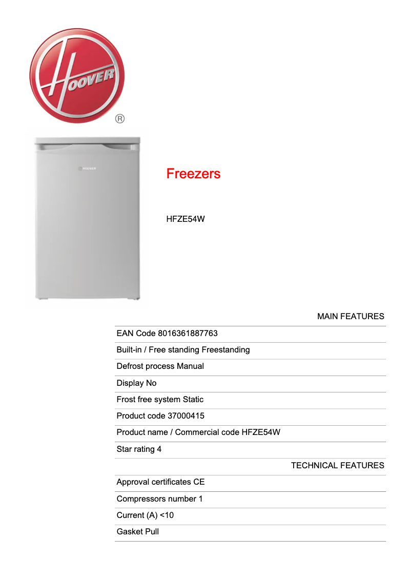 Page 1 de la notice Fiche technique Hoover HFZE54W