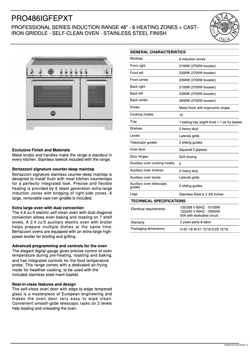 Page 1 de la notice Fiche technique Bertazzoni PRO486IGFEPXT