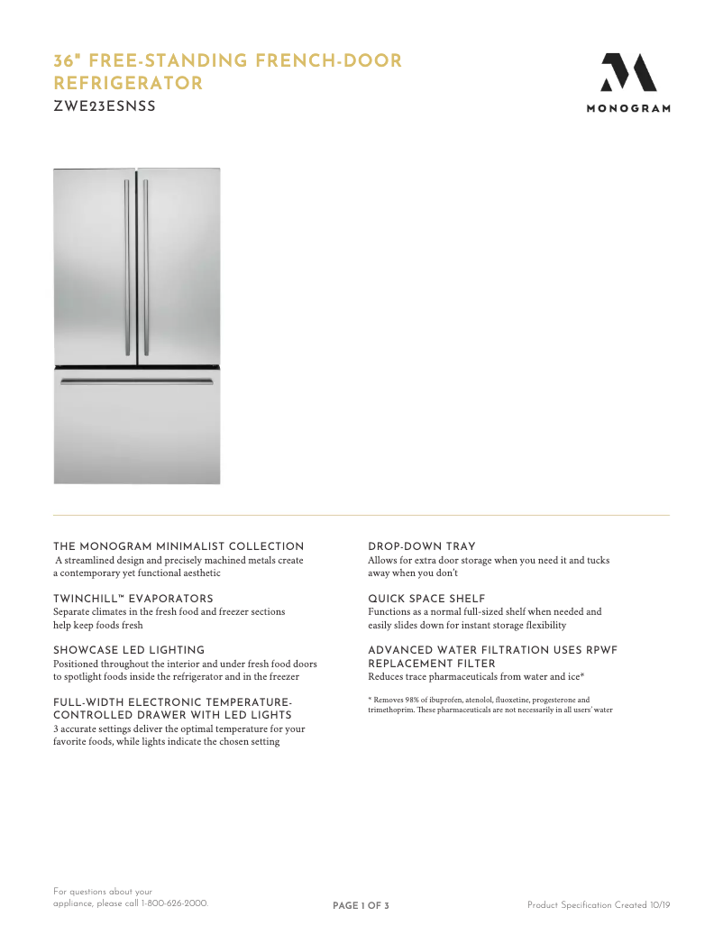 Page 1 de la notice Fiche technique Monogram ZWE23PSNSS