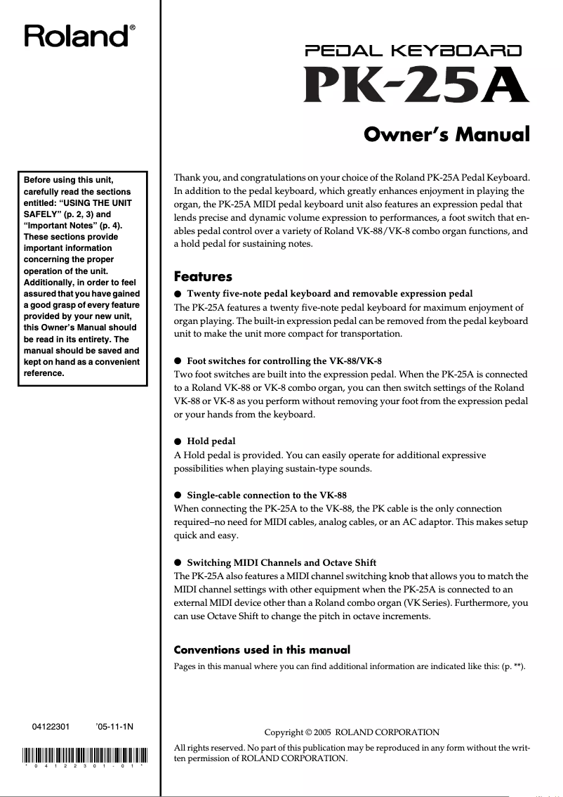 Page n°1 - Manuel utilisateur Roland PK-25A