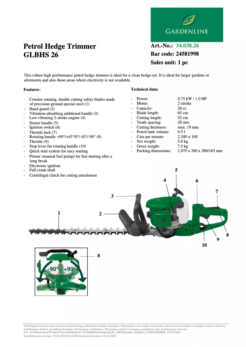 Page n°1 - Manuel utilisateur Gardenline GLBHS 26