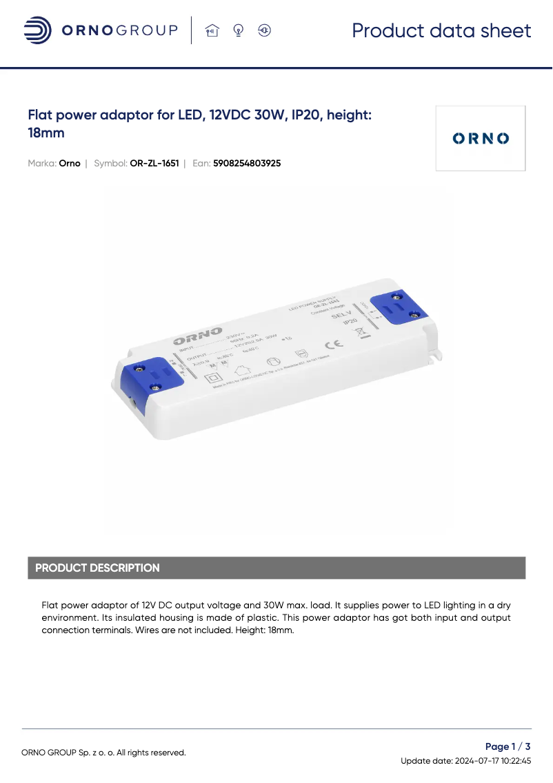 Page 1 de la notice Fiche technique ORNO OR-ZL-1651