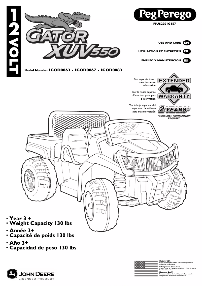 Page 1 de la notice Manuel utilisateur Peg Perego John Deere Gator XUV