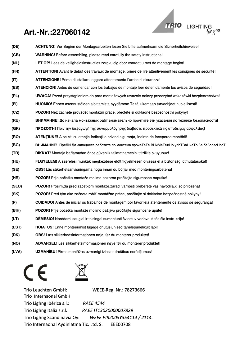 Page n°1 - Manuel utilisateur Trio Lighting Kura 227060142