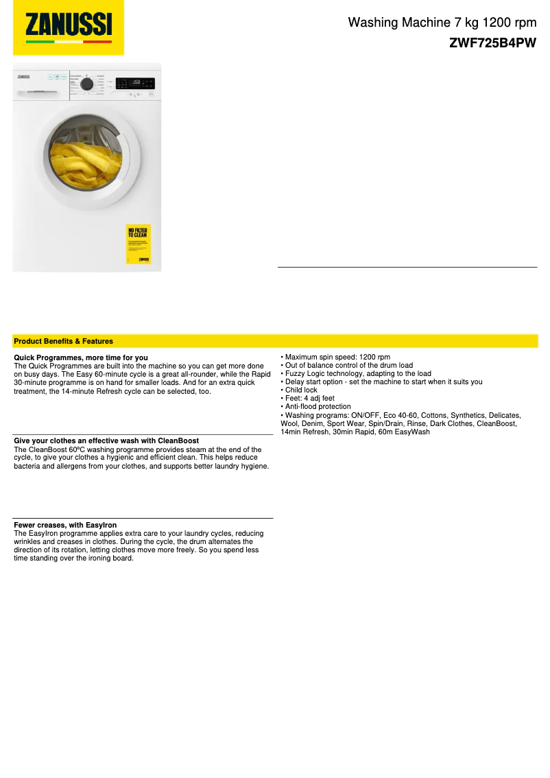 Page 1 de la notice Fiche technique Zanussi ZWF725B4PW