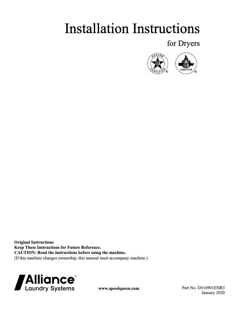 Page n°1 - Guide d'installation Speed Queen ADE3SRGS177TW01