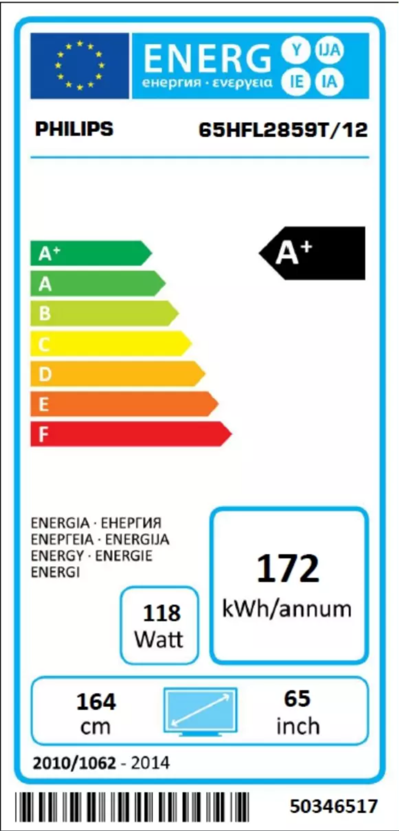 Page 1 de la notice Label énergétique Philips 65HFL2859T
