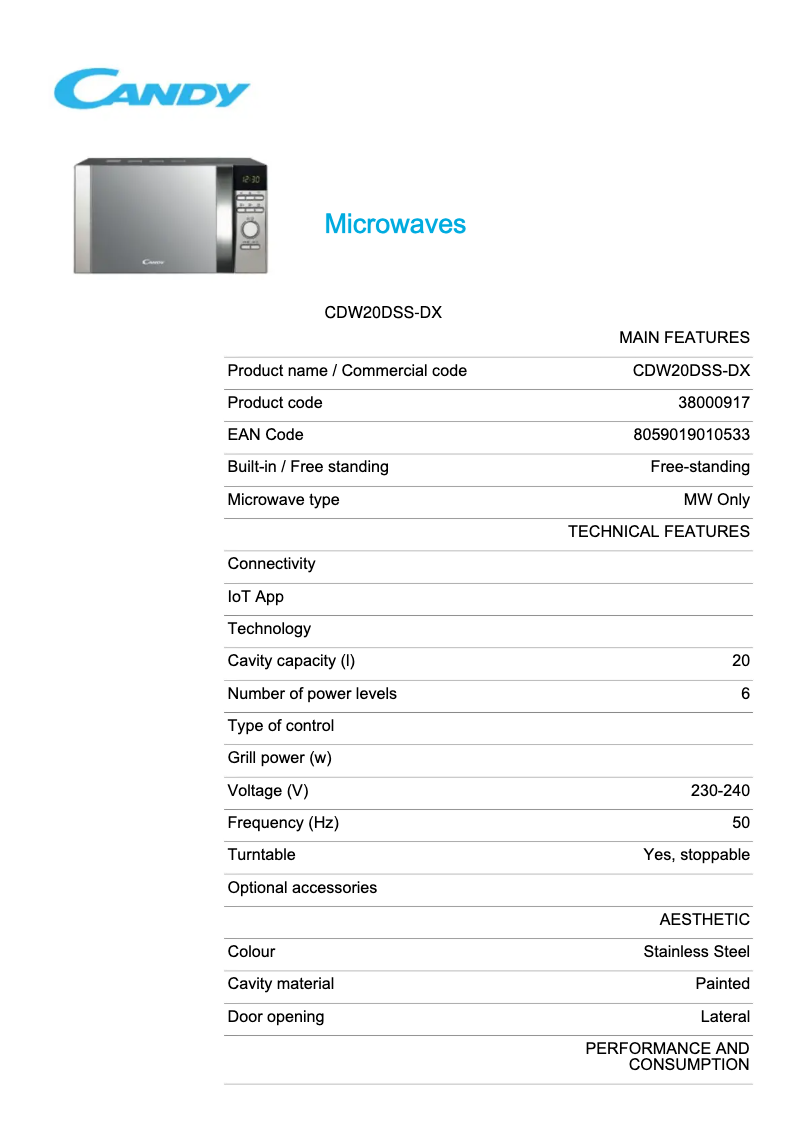 Page n°1 - Fiche technique Candy CDW20DSS-DX