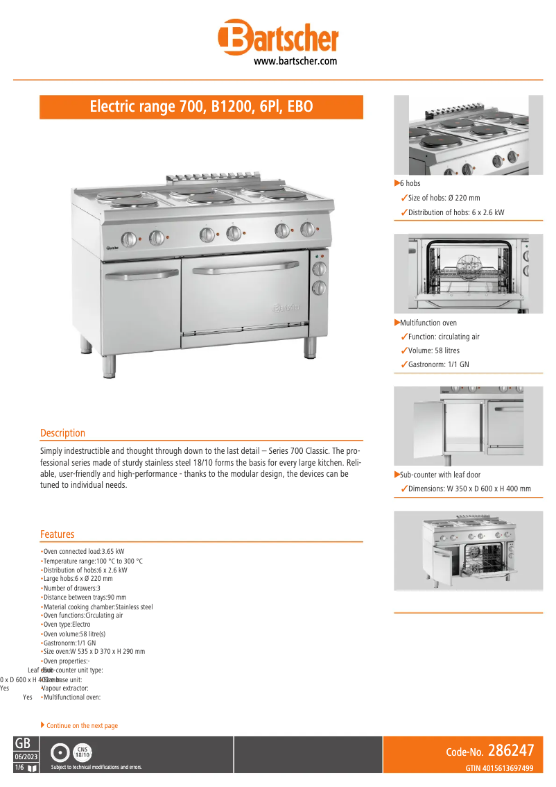 Page n°1 - Fiche technique Bartscher 286247