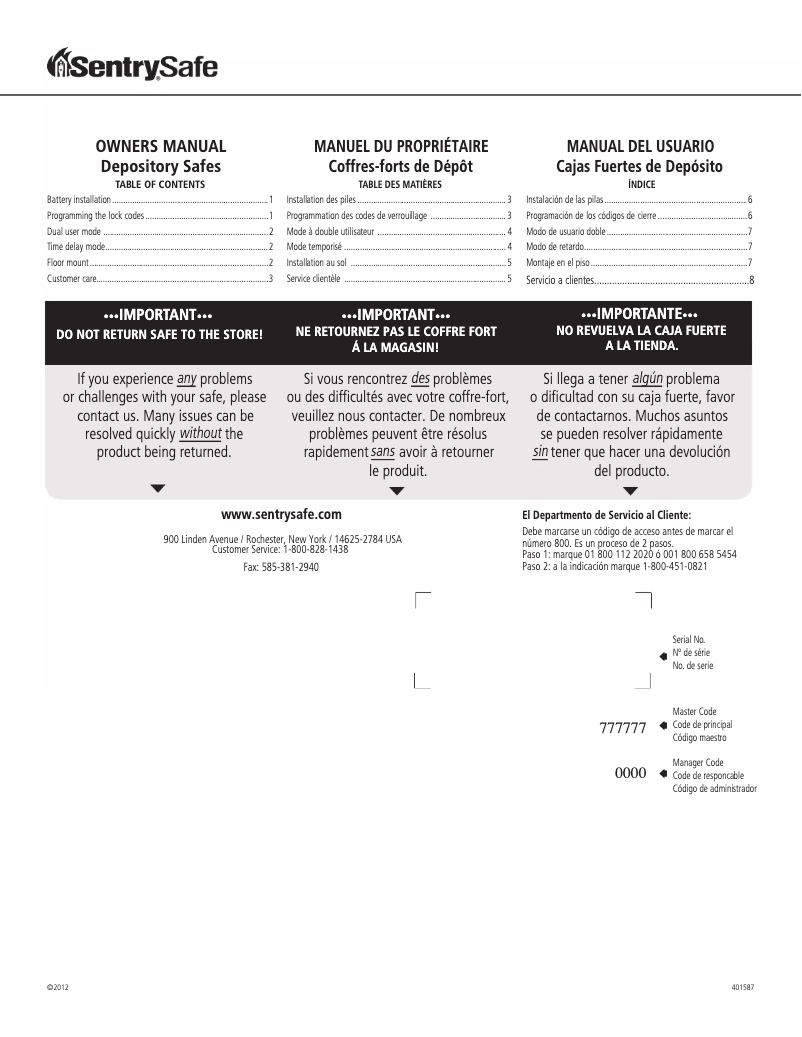 Page 1 de la notice Manuel utilisateur SentrySafe DH-109E