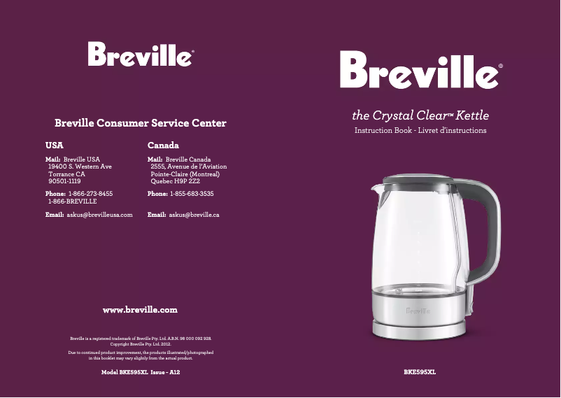 Page n°1 - Manuel d'utilisation et d'entretien Breville the Crystal Clear Kettle BKE595XL