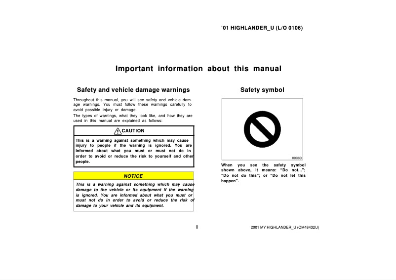 Page 1 de la notice Manuel utilisateur Toyota Highlander (2001)