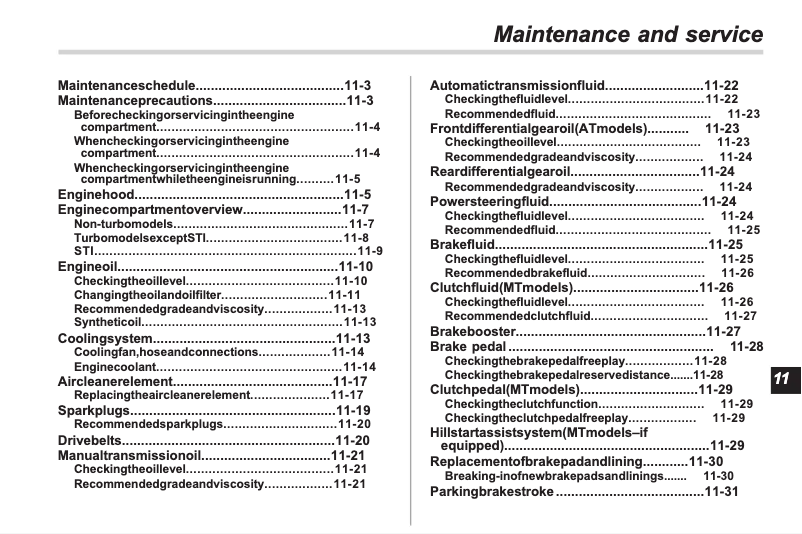 Image de la première page du manuel de l'appareil Impreza (2011)