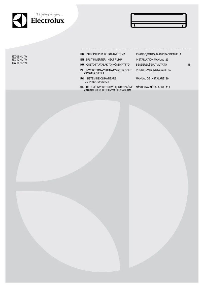 Page 1 de la notice Guide d'installation Electrolux EXI18HL1WE