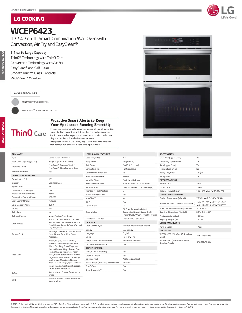 Page n°1 - Fiche technique LG WCEP6423F