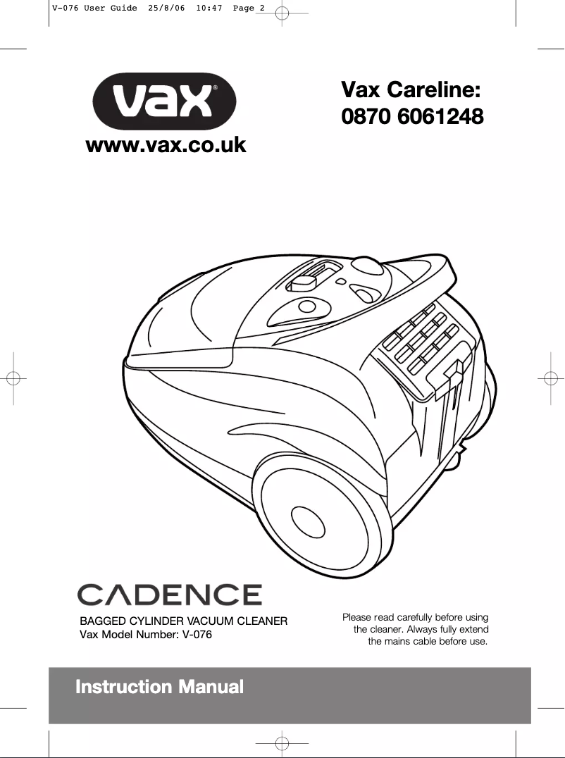 Page 1 de la notice Manuel utilisateur Vax Cadence V-076