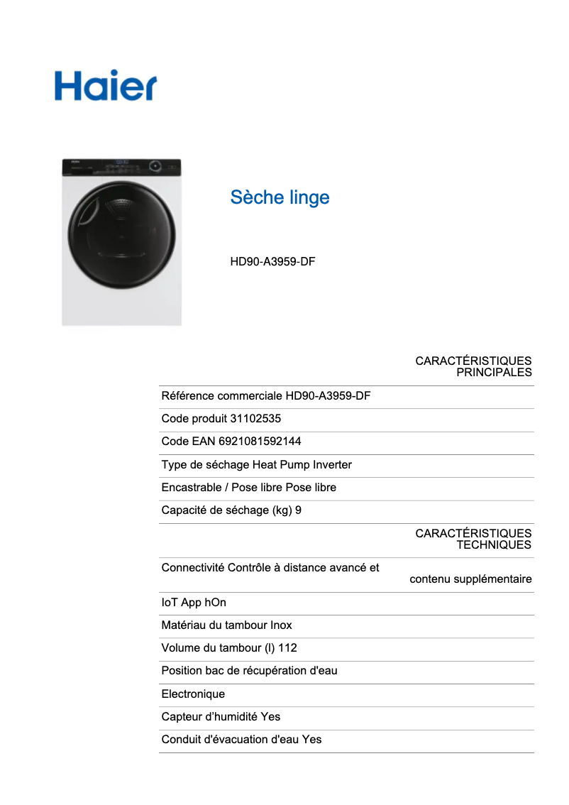 Page 1 de la notice Fiche technique Haier HD90-A3959