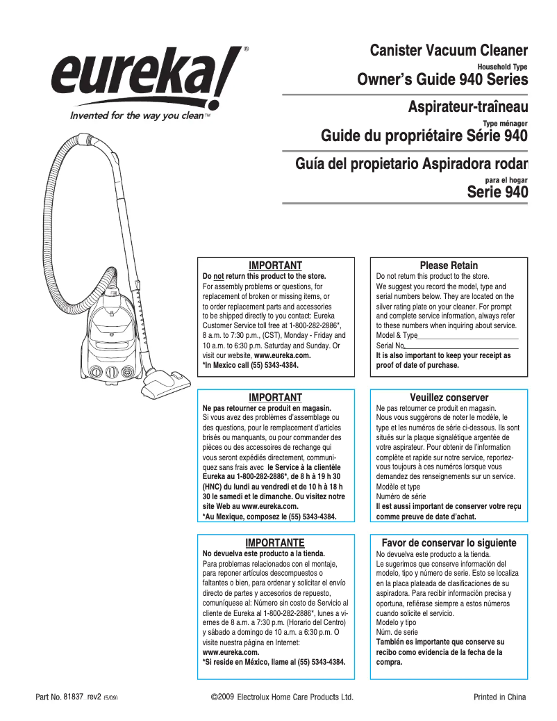 Page 1 de la notice Manuel utilisateur Electrolux Pet Lover Bagless 940A