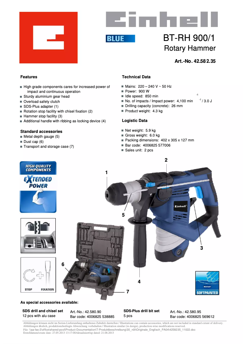 Page n°1 - Fiche technique Einhell BT-RH 900/1