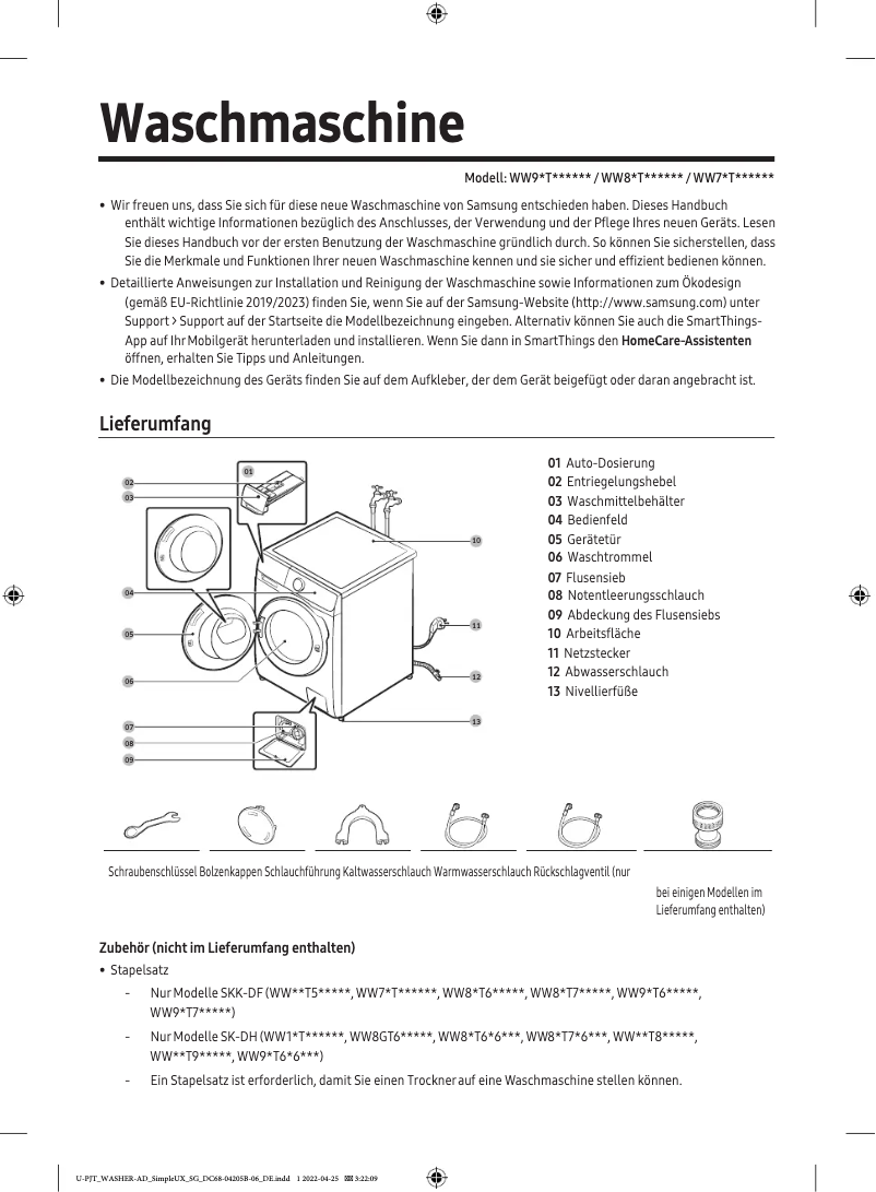Page 1 de la notice Manuel utilisateur Samsung WW8ET534AAT