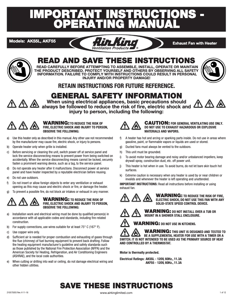 Page 1 de la notice Instructions / montage Air King AK55L
