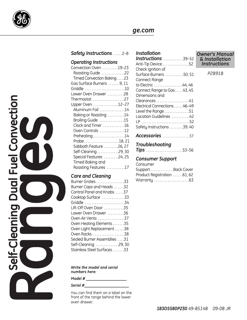 Page 1 de la notice Manuel d'utilisation et d'entretien GE P2B918DEMWW
