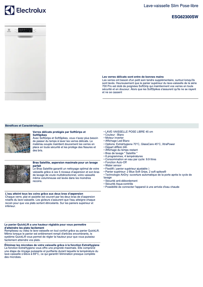 Page 1 de la notice Fiche technique Electrolux ESG62300SW